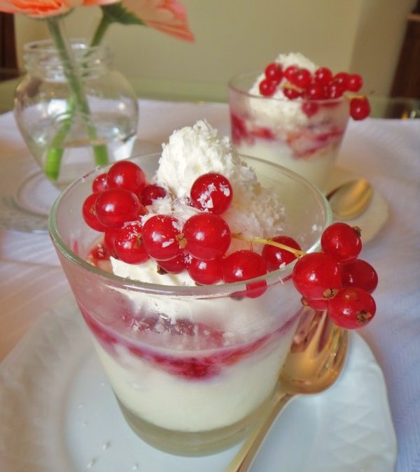 Flan de leite de coco com geleia de framboesa (c/chantilly e groselhas frescas)